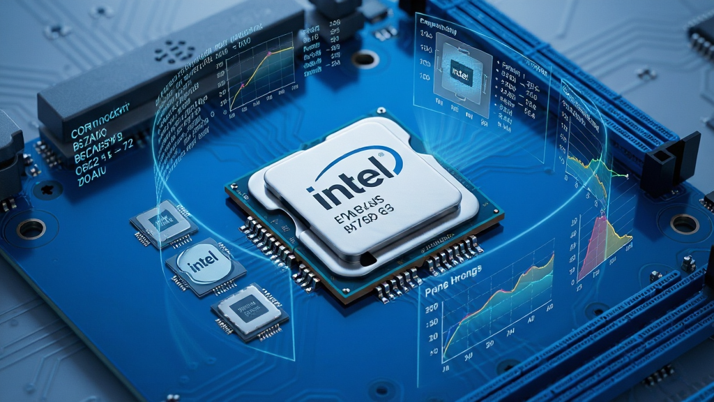 ����Ϊһ����������ɫ������������Ƕ��һ����ɫ��Intel������оƬ��оƬ����ӡ�С�Intel���������ͺű�ʶ��оƬ��Χ������ȫϢͶӰչʾ�Ĵ������������롢���ļܹ�ͼ��Ƶ�����ߺ��¶����ݡ����֣�оƬλ�ڻ���ƽ�ָ�㣬ͶӰ����Χ��оƬ�ʰ뻡��չ���������ʾ�ͺ����֣��Ҳ���ʾ����ͼ�����Ű棺����Ƽ��в��֣���Ϣ��η������������򡣷�񣺿Ƽ��С��߾���Ⱦ��дʵ�����ɫ��ɫ��Ϊ����ϸ�ڣ�оƬ�ʸ���ʵ��ͶӰ���������ɶ�����������ͣ�������΢���ĵ�·�����������ʣ�8K�����壬�ɾ��޶���Ԫ�ء�
