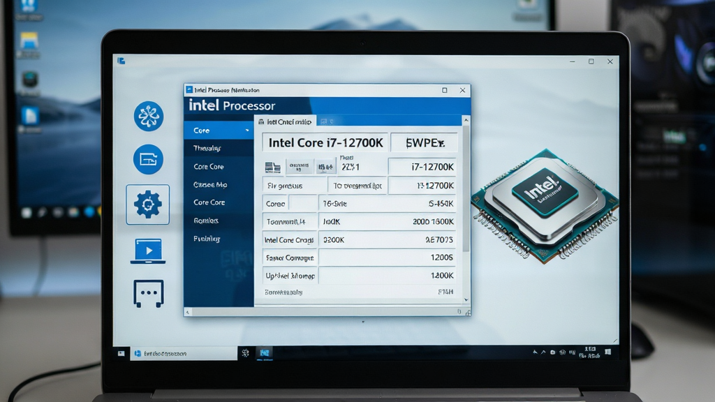 ���壺һ̨�ʼǱ�������Ļ��д����Ļ����������Intel Processor Identification�������棬��������չʾ�������ͺš�Intel Core i7-12700K�������������߳����ȹؼ���Ϣ�����֣���Ļռ�������壬������������Ļ���룬����м򵥵�ϵͳ��Ϣͼ�꣬�Ҳ��зŴ�Ĵ�����оƬģ�͡��Ű棺�������࣬�����������������Ϊ��ǩ�����Ҳ�Ϊ����ֵ�����дʵ��Ļ��ʾЧ��������������ɫ���ִ���Լ���ϸ�ڣ���Ļ������΢������������������������Ϊģ���ĵ������档���ʣ����壬�ɾ��޶���Ԫ�ء�