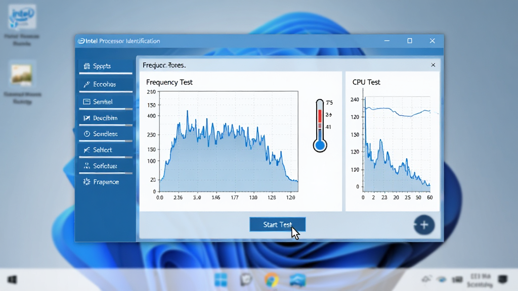 ���壺һ�ŵ�����Ļ��ͼ��չʾIntel Processor Identification����������Windows 11ϵͳ�ϣ�������ʾ��Frequency Test�����ڽ��У���Ļ����һ����̬��Ƶ������ͼ���Ա���CPU�¶ȼ�ͼ����ʾ�¶ȡ����֣���Ļ���У���������ռ��Ļ�󲿷֣�����й��ܰ�ť�б����Ҳ�Ϊ����ͼ�����Ű棺�����������������ɫ��ͼ����������ť�������롣�����ʵ���г������ִ��Ƽ���񡢹�����Ȼ��ϸ�ڣ���Ļ���ܿ������ָ�����ڵ����Start Test����ť��������ģ���������ֽ�����ʣ����壬�ɾ��޶���Ԫ�ء�