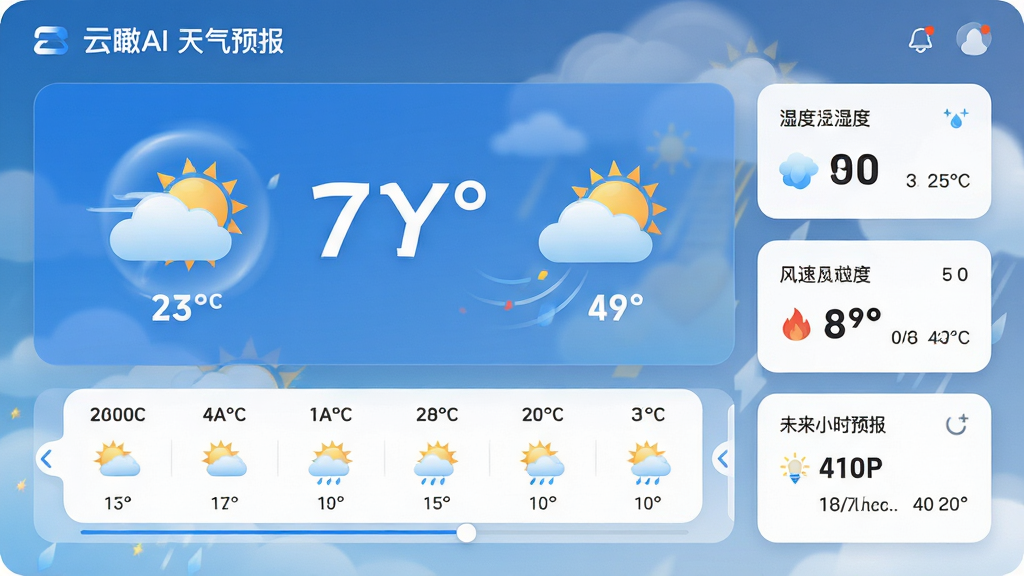 ���壺���AI����Ԥ��Ӧ�ý��棬չʾʵʱ�������������δ��СʱԤ��ͼ�������֣�����Ϊ��ǰ�¶�������ͼ�꣬�·�Ϊ��СʱԤ�������б����Ҳศ��ʪ�ȡ����ٵ���ϸָ�ꡣ�Ű棺��Ϣ�㼶���������ݿ�Ƭ����Բ����ƣ������������롣����ִ���ƽ����ƣ�ɫ�����£�������Ϊ��ɫ�������䶯̬����������ϸ�ڣ�����ͼ�����ϸ��Ķ�̬Ч�����¶����ֲ��ô��ֺ���Ŀ��ʾ������������״���Զ��仯�����ʣ�������Ⱦ���ɾ��޶���Ԫ�ء�