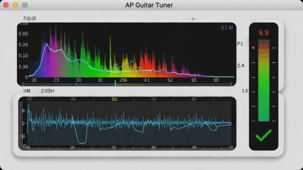 AP Guitar Tuner���������У���Ļ��ʾ��ɫƵ��ͼ�Ͳ������ߣ��Ҳ�������ƫ��ָʾ������ɫ�Թ���ǣ�����Ϊǳ��ɫ����̨������Ϊ���·ֲ㣬���Ϊ�Ƽ��б�ƽ����ϸ�ڰ������ݱ�ע�������Ӱ�����ʸɾ�����