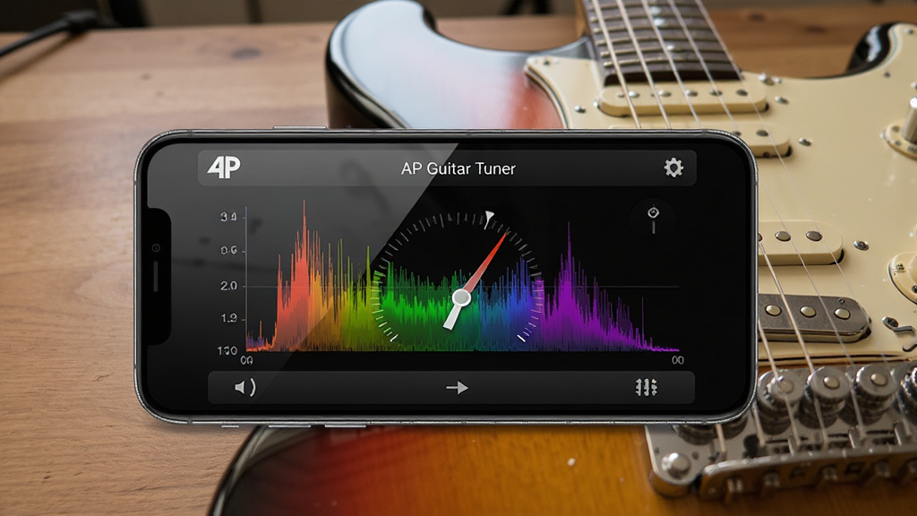 AP Guitar Tuner�������ֻ��ϵ����л��棬�ֻ�������ʾ�������棬�������в�ɫƵ�׺�ָ�룬�Ա߷���һ�ѵ缪��������Ϊľ��������Ϊ�ֻ����й�ͼ�����дʵ��ϸ�ڰ�����Ļ����ͼ���ʰ���������ʸɾ��޶���Ԫ��