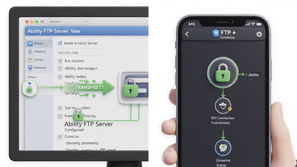 һ�������ԱȲ廭����벿��չʾPC��Ability FTP Server�����ý��棬�Ұ벿��չʾ�ֻ���FTP�����������棬���Ϊдʵ3D��Ⱦ���������ҶԳƣ�ϸ�ڰ�����ɫ���ݴ����ͷ������ͼ�꣬���ʸɾ�������ͻ����ƽ̨Э������޶���Ԫ��