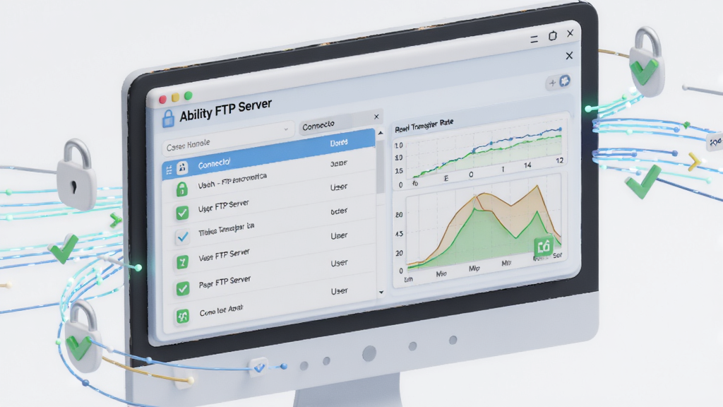 һ���ִ���Լ����3D��Ⱦͼ�������ǵ�����Ļ�����С�Ability FTP Server���������棬������ʾ�����û��б���ʵʱ��������ͼ�������岼����ˬ����Χ�������������Ĺ�Ч���������ƫ��Ƽ��в廭��ϸ�ڰ�������ͼ������ɫ�Թ������ʸ���ɾ����޶���Ԫ��