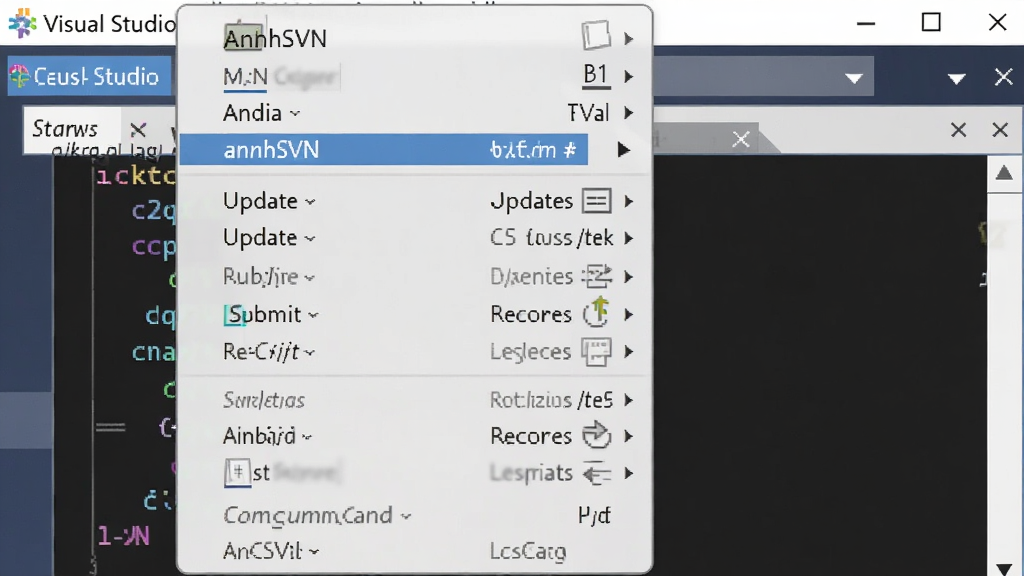 AnkhSVN��Visual Studio�е��Ҽ��˵���ͼ������Ϊ�����ļ������Ĳ˵������ִ�ֱ���У��Ű�����������Լ��ϸ�ڰ���SVN����ѡ������¡��ύ����ԭ�����ʸ��壬�ɾ����޶���Ԫ��