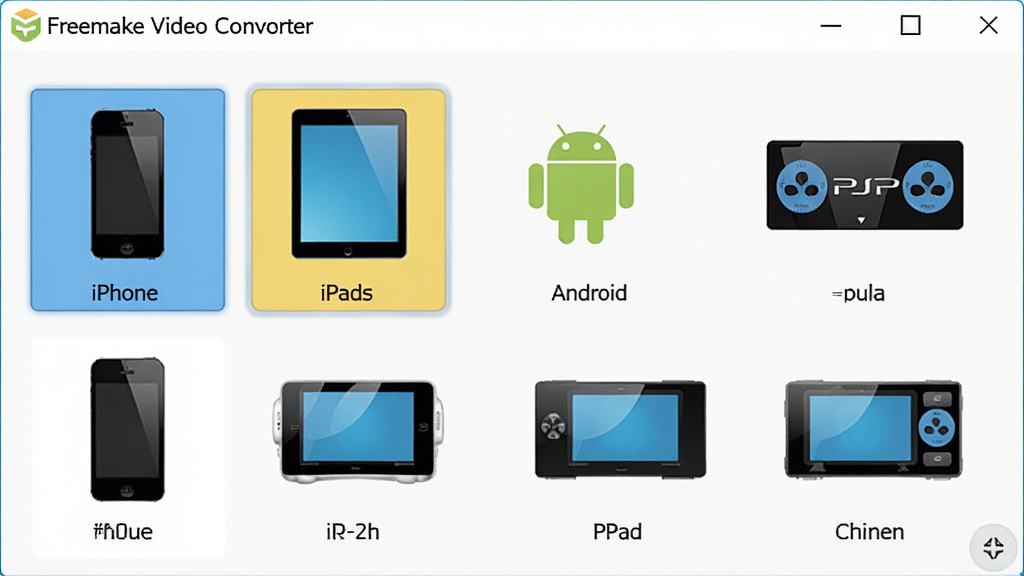 ���壺һ��չʾFreemake Video Converter��ʽԤ��ѡ�����Ľ�ͼ�������������Ŷ���豸ͼ�꣬��iPhone��iPad��Android��PSP�ȡ����֣��豸ͼ����������ʽ�����ڽ������룬ÿ��ͼ���·���ע�豸���ơ��Ű棺ͼ���Сһ�£��������룬�����ࡣ����ִ����Ѻá�ɫ�����졣ϸ�ڣ����涥����ʾ��Freemake Video Converter��������ѡ�е��豸ͼ����������ʣ����塢�ɾ����޶���Ԫ�ء�