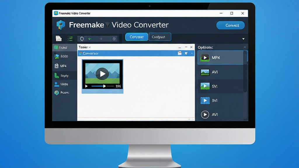 ���壺һ̨�ִ�������Ļ��ʾFreemake Video Converter�����棬��������һ����Ƶ�ļ�������ת���б����Ҳ���ʾ�����ʽѡ����MP4��AVI�����֣�������Ļռ�ݻ������룬���������ɼ�������Ϊ���Ľ�����ɫ���Ű棺����Ԫ���������룬ͼ�������ֱ�ǩ��ȷ����񣺿Ƽ��С���ƽ����ƣ�ɫ��������ϸ�ڣ��������ơ�Freemake Video Converter���ڽ��涥����ת����ť���������ʣ����塢�ɾ����޶���Ԫ�ء�