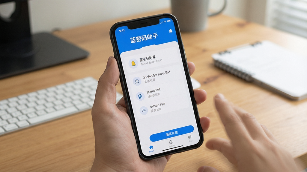 展示蓝密码助手使用教程的图片,手机界面显示操作步骤,背景为桌面,布局清晰,风格简洁,细节真实,画质干净,无多余元素,文字标注“蓝密码助手”