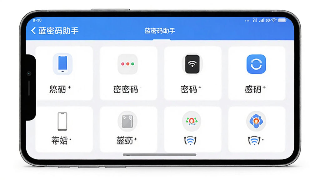 展示蓝密码助手APP中多设备列表界面的图片,界面以卡片形式展示不同设备,布局整齐,风格清新,细节清晰,画质干净,无多余元素,文字标注“蓝密码助手”