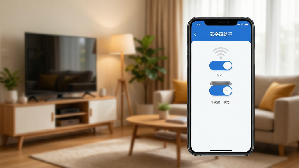 展示蓝密码助手远程控制功能的图片,手机界面显示设备开关状态,背景为家居环境,布局清晰,风格温馨,细节丰富,画质干净,无多余元素,文字标注“蓝密码助手”
