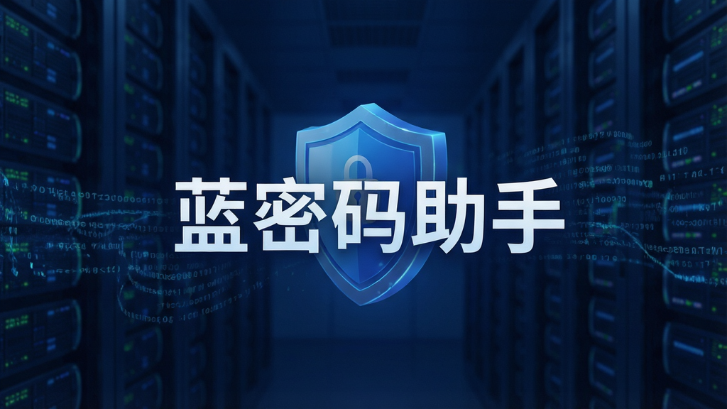 展示蓝密码助手安全防护功能的图片,界面显示加密盾牌图标,背景为数据流,布局简洁,风格科技感,细节丰富,画质干净,无多余元素,文字标注“蓝密码助手”