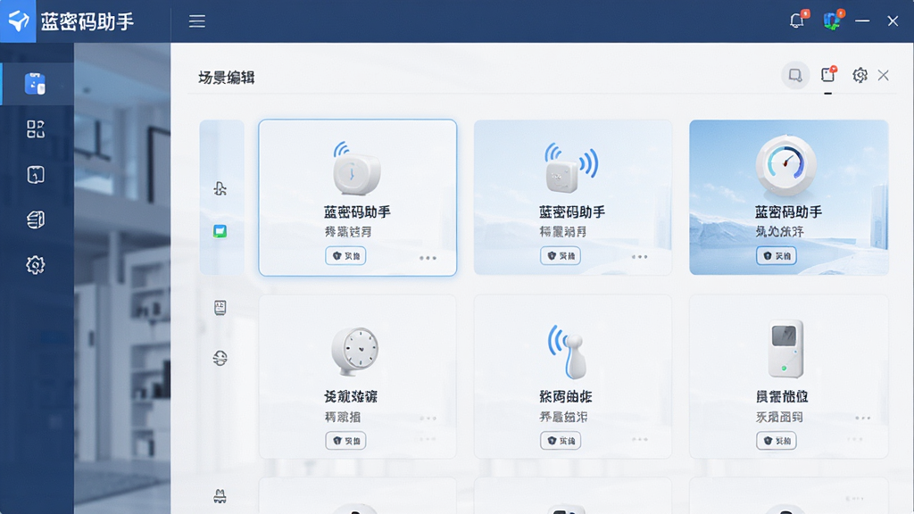 展示蓝密码助手场景联动设置的图片,界面显示场景编辑页面,包含多个设备选项,布局合理,风格专业,细节清晰,画质干净,无多余元素,文字标注“蓝密码助手”