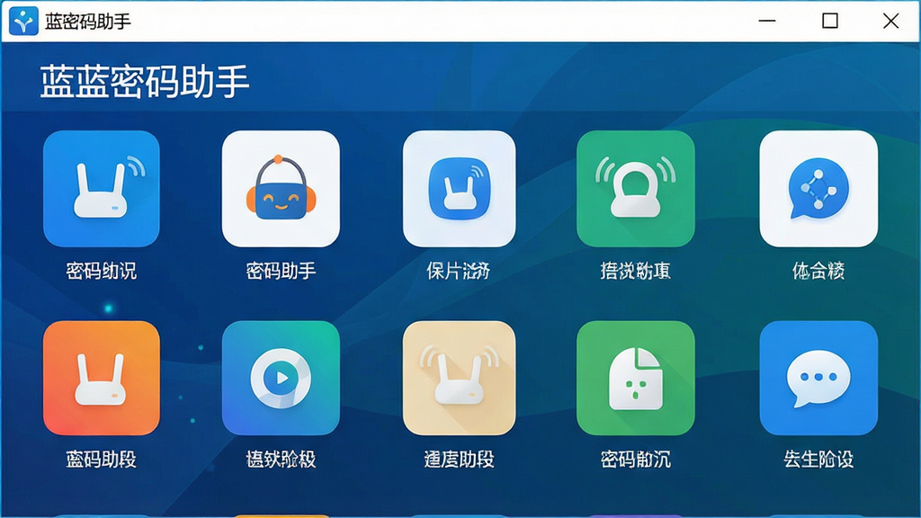 一张展示蓝密码助手软件主界面的高清截图,界面包含多个智能设备图标,布局清晰,风格现代简约,色彩明亮,细节丰富,画质干净,无多余元素,文字标注“蓝密码助手”