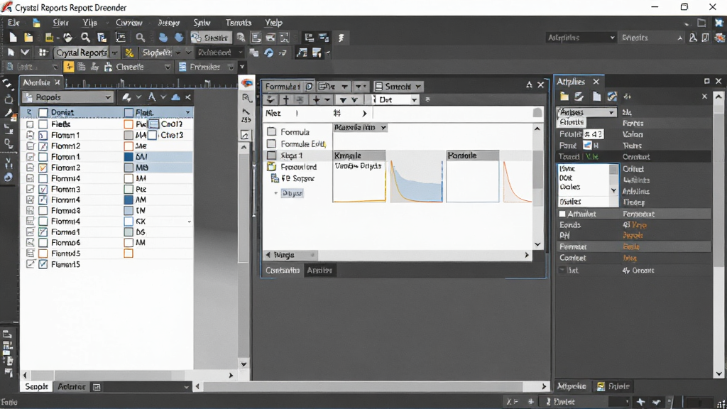 ����ΪCrystal Reports���������������д��չʾ�ֶ��б�����ʽ�༭�������Դ��ڣ��������룬���Ԫ�طḻ�����Ϊ�ִ���ƽ����ϸ�����������ʸߣ��޶���Ԫ��