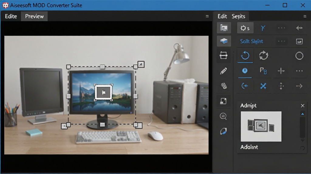 ���壺Aiseesoft MOD Converter Suite�������棬��ʾ�༭���ܣ����֣����ΪԤ�����ڣ��Ҳ�Ϊ�༭���ߣ��Ű棺�����������У�Ԥ�����������ʵ�á�ֱ�ۣ�ϸ�ڣ���ʾ�ü�����ת��ť��ˮӡ�������򣻻��ʣ����塢�ɾ�