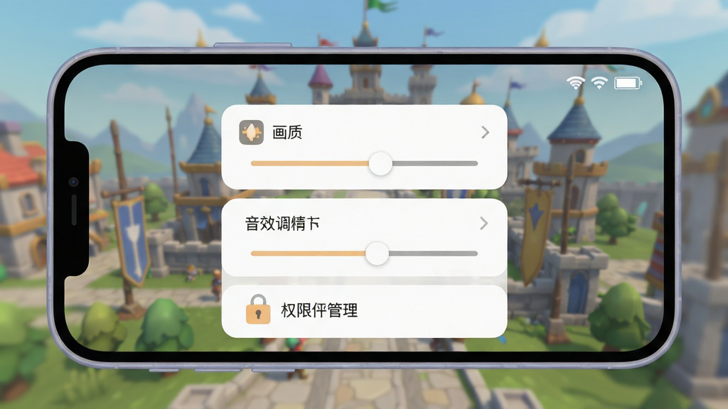 ���壺�ֻ��ճֽ��棬��Ļ����ʾ��Ϸ���ò˵�����������ѡ���Ч���ں�Ȩ�޹��������֣����ò˵����У��ֻ��߿�Բ�󣬱���Ϊ��Ϸ���ǡ��Ű棺�˵������������������ԡ���񣺱�ƽ��UI���ɫ����͡�ϸ�ڣ�����ͼ�������������ʾ���ź�ͼ�ꡣ���ʣ������ͼ��񣬸ɾ����޶���Ԫ�ء�