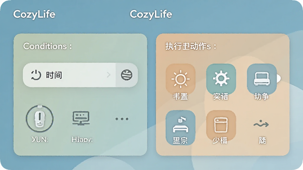 չʾCozyLifeӦ�ô����Զ��������ı༭ҳ�棬ҳ������ʾ�������������ִ�ж������򣬰���ʱ��ѡ�������豸ѡ��ͼ���Ԫ�أ�������ÿ�Ƭʽ���֣�ɫ����ͣ����ʸɾ����޶���Ԫ�أ�������ʾCozyLife����