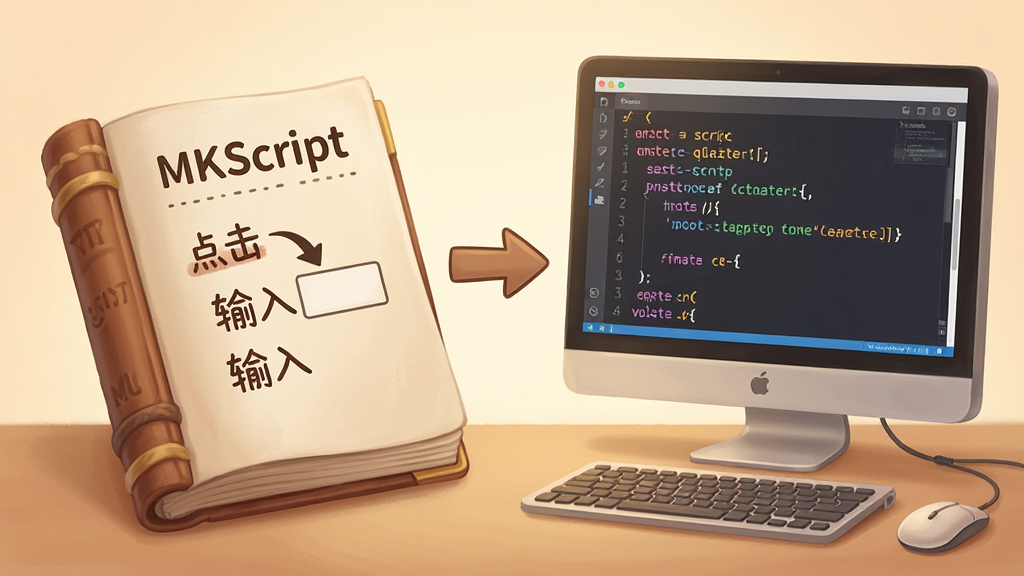 ���壺һ���򿪵�MKScript�ű��ֲᣬ�Ա��ǵ�����Ļ��ʾ�ż򵥵Ľű����롣���֣��ֲ�����࣬�������Ҳ࣬�м��м�ͷ���ӣ���ʾ��ѧϰ��ʵ�����Ű棺����ƽ�⣬������ͣ�Ӫ��ѧϰ��Χ�����дʵ�廭���ůɫ�����Ѻ����С�ϸ�ڣ��ֲ��������ɼ���������������롱�ȹؼ��ʣ���Ļ�ϴ�����ɫ�����֡����ʣ��߷ֱ��ʣ��ɾ����޶���Ԫ�ء�