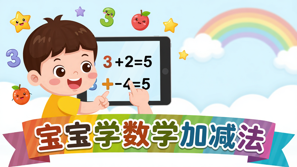 ���壺һ���ɰ��Ŀ�ͨ��ͯ���������ĵ�����ָ�㴥ƽ�������Ļ�ϵ����ֺͼӼ�����ʽ����ΧƯ�������ǡ����ֺ�ˮ��ͼ�ꡣ���֣���ͯλ�ڻ�������ƫ��ƽ�����ռ���Ӿ����ģ��Ҳ����״�����͵��ƶ�Ͳʺ米�����Ű棺�����·�����֮һ����һ�������εĲ�ɫ˿��������д�š�����ѧ��ѧ�Ӽ������߸����֣�����Բ��ɰ�����ɫ���ޡ���񣺱�ƽ����ͨ�廭���ɫ��������ã�����ͯȤ��ϸ�ڣ����ֺͷ��������˻���Ц����ƽ����Ļ���������ġ�3+2=5������ʽ����ͯ����רע��ϲ�á����ʣ����壬�ɾ����޶���Ԫ�أ��ʺ���Ϊ�����������Ӿ�ͼ��