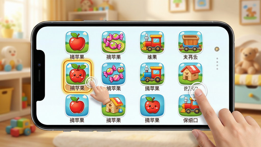 ���壺һ�������ֻ�������ʾ����ѧ��ѧ�Ӽ���Ӧ�ý��棬�������ж��ɫ���ͷ׵Ļ�����Ϸͼ�꣬��ժƻ�������ǹ���С���˻��ȡ����֣��ֻ�λ�ڻ������룬��Ļ���������ɼ�������Ϊģ���Ķ�ͯ���������Ű棺�ֻ���Ļ�ϵ�Ӧ�ý�����ù��񲼾֣�ÿ����Ϸͼ���·������������Ʊ�ǩ�����дʵ�뿨ͨ��ϵķ�񣬻������������ů��ϸ�ڣ���Ļ��һ����ժƻ������Ϸͼ�걻������ѡ�У��Ա�����ָ����Ķ���Ч������ʾ�����ԡ����ʣ�����ϸ�壬�ɾ��������޶���Ԫ�ء�