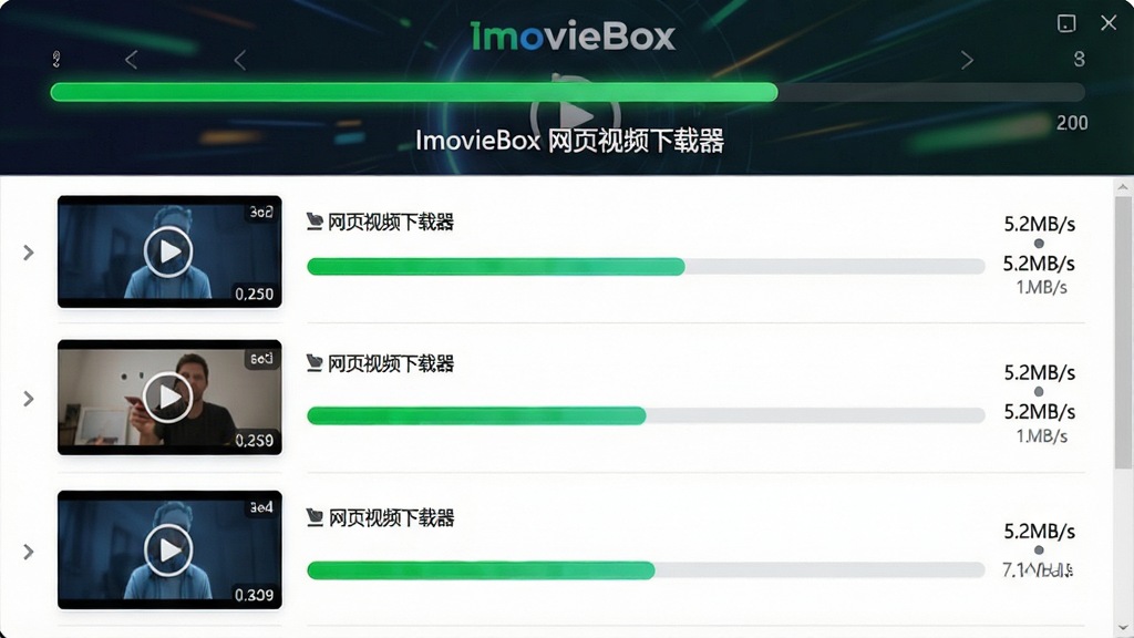���壺ImovieBox ��ҳ��Ƶ���������������ؽ��棬��ʾ�����Ƶ����ͬʱ���ء����֣����涥��Ϊ���������·�Ϊ��Ƶ�б���ÿ����Ƶ�ж������Ⱥ��ٶ���ʾ���Ű棺�б�������������Ϊ��ɫ������ִ��������С�ϸ�ڣ��б����С�ImovieBox ��ҳ��Ƶ�����������֣������ٶ���ʾ��5.2MB/s�������ʣ����壬�ɾ����޶���Ԫ�ء�