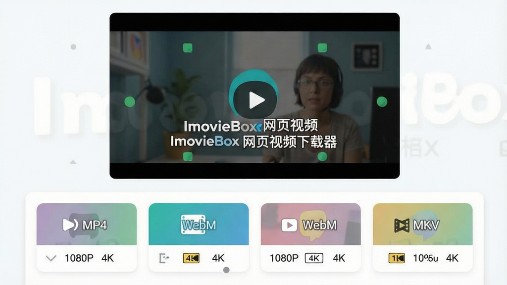 ���壺ImovieBox ��ҳ��Ƶ�������ĸ�ʽѡ����棬��ʾMP4��WebM��MKVѡ����������б������֣�������������ƵԤ�����ڣ��·�Ϊ��ʽ��������ѡ�������Ű棺ѡ���Կ�Ƭʽ���У������ȸߣ�������������񣺱�ƽ����ƣ�ɫ�����¡�ϸ�ڣ�ÿ����ʽ��Ƭ����ͼ�꣬�����ȱ�ע��1080P����4K����������ͬʱ��ʾ��ImovieBox ��ҳ��Ƶ��������ˮӡ�����ʣ����壬�ɾ����޶���Ԫ�ء�