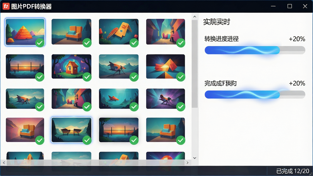 ���壺һ�Ŷ�̬��ʮ��ĵ��Խ�ͼ����ʾ��ͼƬPDFת�����������������棬���Ų�ɫͼƬ����ͼ��������������б��У��Ҳ�ʵʱ��ʾת������������ɰٷֱȡ����֣����ҷ���ʽ���֣����ͼƬ�б�ռ40%���Ҳ��������ռ60%������ƽ������Ϣ�ܼ����Ű棺�б���������״���У�ÿ��ͼƬ���½Ǵ���ɫ�Թ���ǣ�������������ɫ���䡣��񣺱�ƽ����ƣ�ɫ���������Ƽ��С�ϸ�ڣ�����������ϸС�Ĺ�Ӱ�������ײ�״̬����ʾ������� 12/20�������ʣ������壬ϸ�ڷḻ���ɾ��޶���Ԫ�ء�
