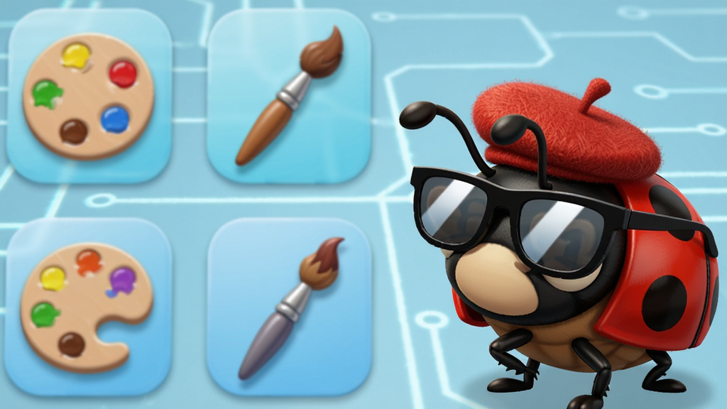 һֻ��Ϊ��Ladybug on desktop����ư����ſ���Сī���ͺ�ɫ����ñ��վ���������½ǣ���Χ�е�ɫ��ͻ��ʵ�ͼ�꣬�����ǵ���ɫ�ĿƼ������棬���־��У����ͨʱ�У�ϸ�ڰ���ñ���������۾����⣬����ϸ�壬�ɾ��޶���Ԫ��