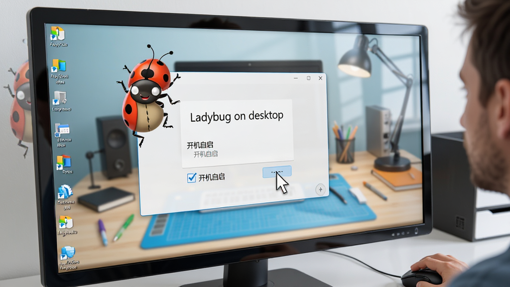 ������Ļ����ʾ��Ladybug on desktop�������ý��棬һ���û������������������������ѡ�ư��ſ����Ļ��Ե΢Ц�����汳��������Ĺ���̨���������������дʵ��ϸ�ڰ�����Ļ��������ָ�룬���ʸ��壬�ɾ��޶���Ԫ��