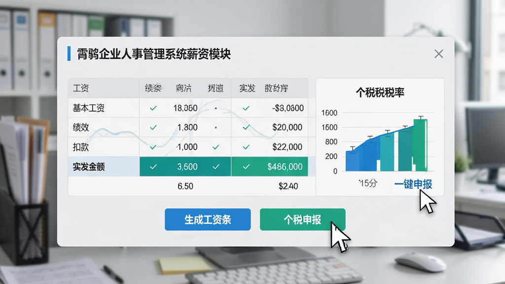 ���壺������ҵ���¹���ϵͳн��ģ��Ľ��棬չʾ��������ϸ�͸�˰������̣�����Ϊ����칫���������֣���������Ϊ�����������·��С����ɹ�������������˰�걨����ť���Ű棺������Ŀ�����������ʡ���Ч���ۿʵ�����������������רҵ����磬ǳ�ұ���������ɫ�����ؼ����ݡ�ϸ�ڣ�ͼ��չʾ��˰˰�ʣ����ָ��ָ��һ���걨�������ʣ����壬�ɾ����޶���Ԫ�ء�