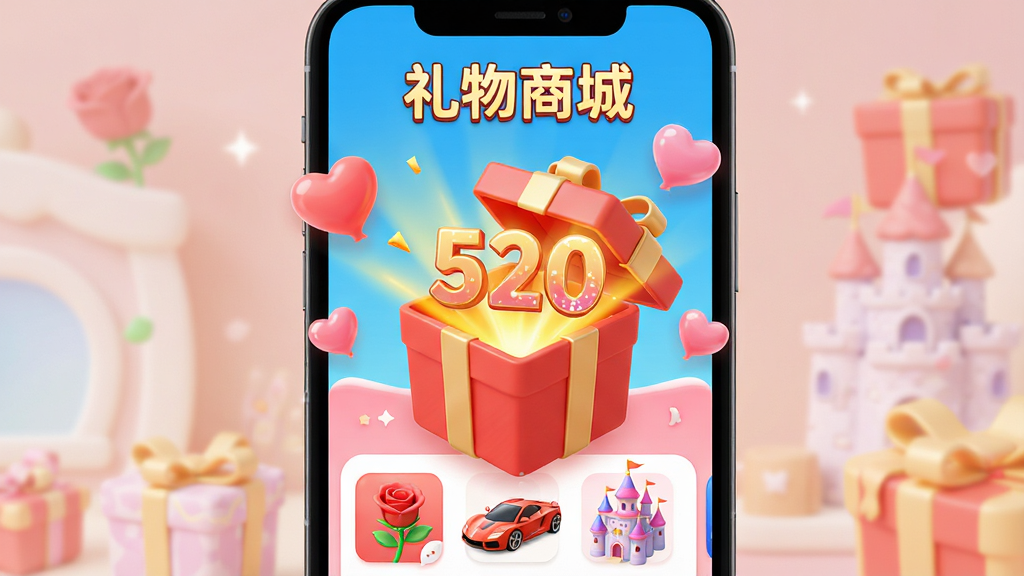 ���壺�ֻ���Ļչʾ��������Ƶ���콻�ѡ��������̳ǽ��棬��������ͼ����õ�廨���ܳ����Ǳ����������롣���֣���Ļ������һ����ɫ��б��򿪣�������ɫ��â����Χ�������������ݡ��Ű棺��Ļ�Ϸ��С������̳ǡ��ĸ��֣��·��������б������3D��ͨ��Ⱦ��ɫ������������ϸ�ڣ������Ʈ����520��������Ч�����ʣ����壬�ɾ����޶���Ԫ�ء�