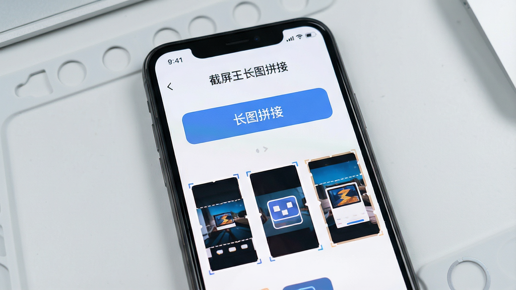 一张智能手机屏幕特写,屏幕中显示“截屏王长图拼接”软件主界面,界面风格简洁明亮,上方有“长图拼接”功能按钮,下方展示了几张拼接后的长图缩略图,背景为干净的浅灰色工作台,布局居中,排版清晰,现代扁平化设计风格,细节丰富,画质高清,干净无多余元素