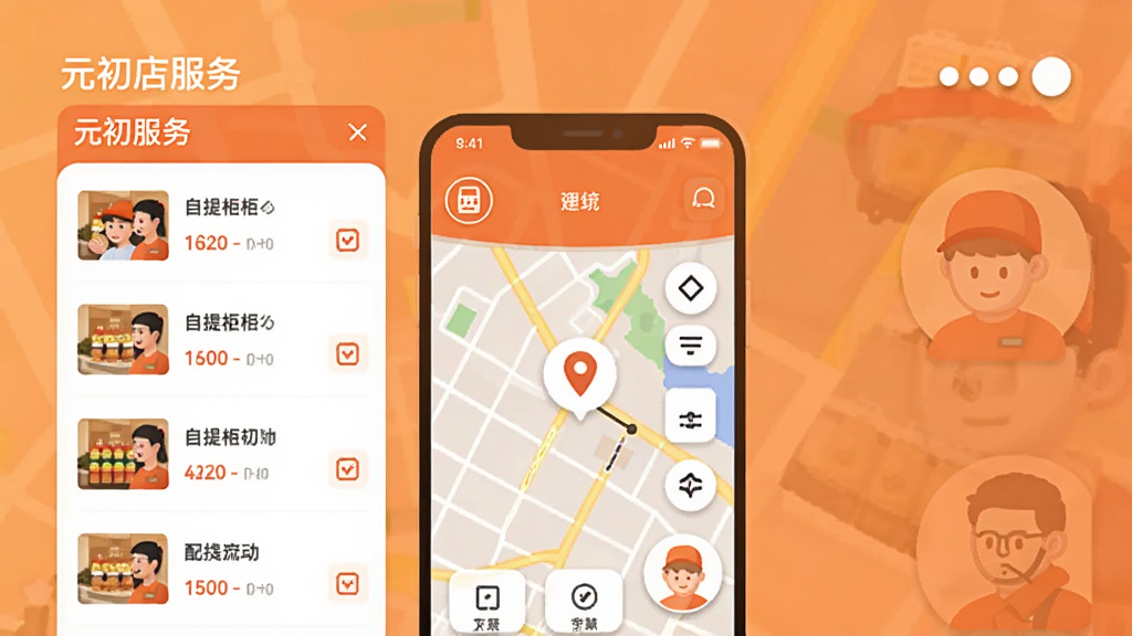 Ԫ��ʳƷapp�ŵ������棬չʾ�����ŵ��б��͵�ͼ��������������������Աͼ�꣬����Ϊůɫ���������Ѻã��ִ���ƽ����񣬻��ʸɾ�