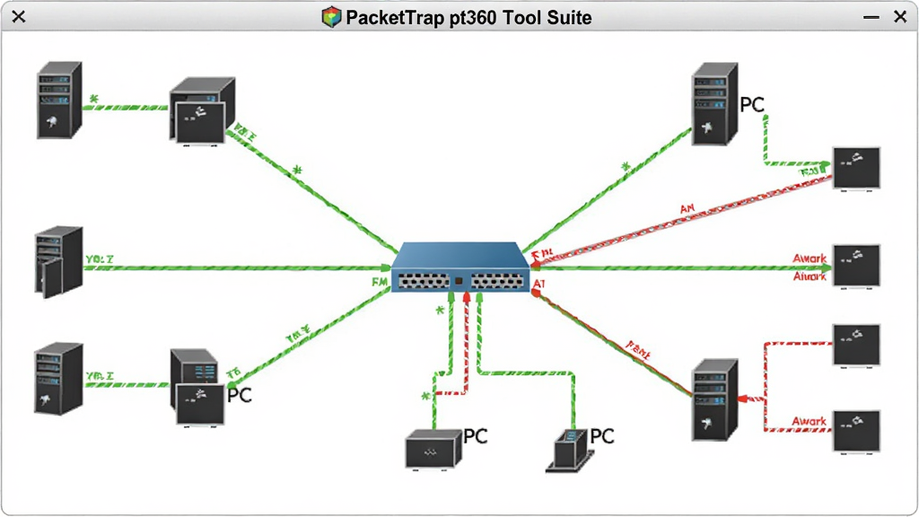 һ��PacketTrap pt360 Tool Suite���ɵ���������ͼ������Ϊ���Ľ���������Χ���Ӷ�̨��������PC�նˣ��ڵ���ò�ɫ���߱�ʾ��·״̬����ɫ������������ɫ�����澯�������������ˣ����˽ṹ���������ʸɾ��޶���Ԫ��