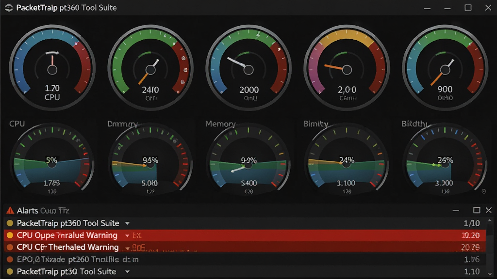 һ��չʾPacketTrap pt360 Tool Suite����Ǳ��̵Ľ�ͼ�������ж����ɫ�Ǳ�����ʾCPU���ڴ桢����ʹ���ʣ��·��и澯��־�б�����ɫ������ʾһ��CPU����ֵ���棬���������ɫ���⣬���ݿ��ӻ�Ч����ɫ������ɾ��޶���Ԫ��