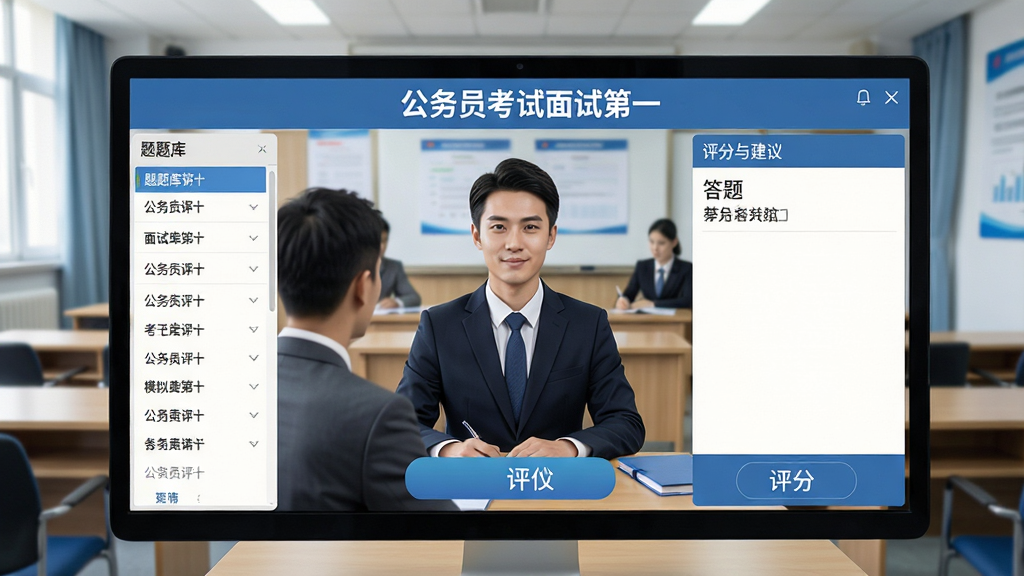 主体:公务员考试面试第一软件界面,展示模拟面试场景,考生面对考官,电脑屏幕显示评分与建议。布局:前景为软件主界面,背景为教室或会议室场景,考生与考官互动。排版:界面清晰,左侧题库列表,右侧答题区域,底部有评分按钮。风格:写实风格,色彩明亮,专业感强。细节:界面文字“公务员考试面试第一”,考生表情自信,考官认真记录。画质:高清,干净,无多余元素。
