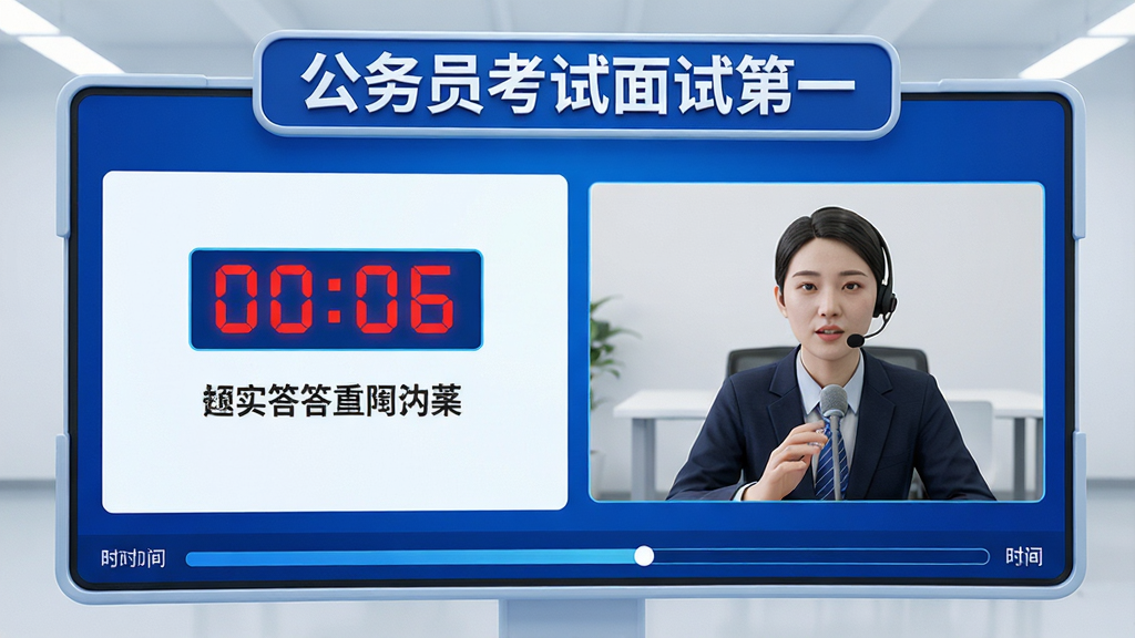 主体:公务员考试面试第一的全真模拟面试界面,屏幕上显示倒计时与题目,考生正在作答。布局:左侧为题目文字,右侧为视频录制窗口,底部为时间进度条。排版:简洁明了,重点突出倒计时与题目内容。风格:3D渲染风格,科技感强,色调以蓝白为主。细节:屏幕上方有“公务员考试面试第一”字样,考生佩戴麦克风,环境明亮。画质:高清,干净,无多余元素。