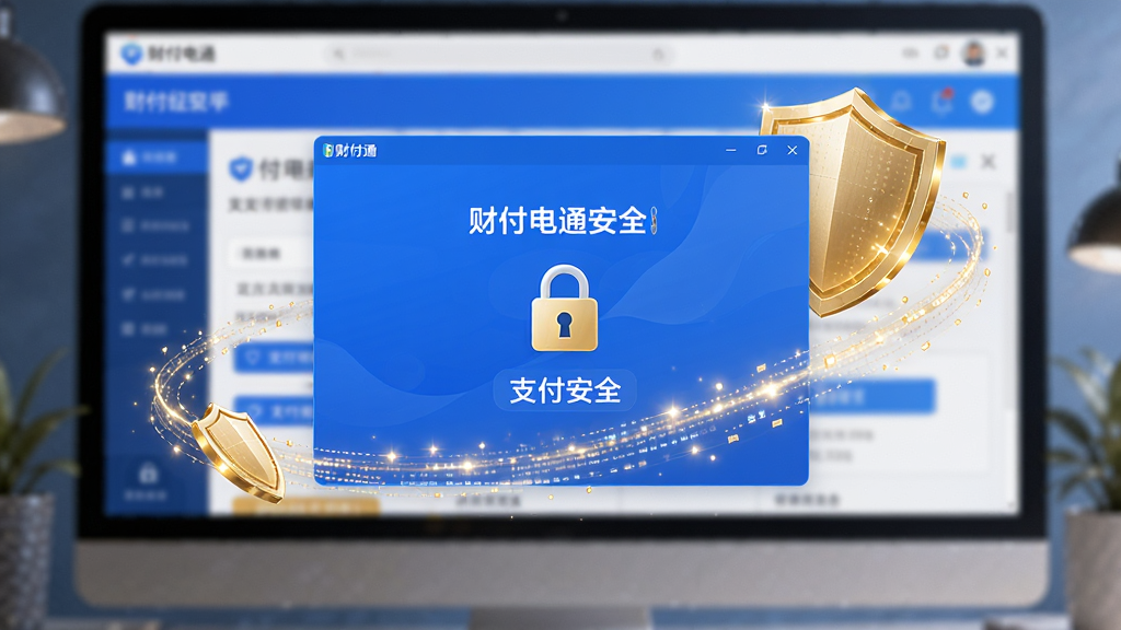 画面主体为财付通安全控件软件界面悬浮在电脑屏幕中央,背景是模糊化的在线支付场景,布局采用居中构图,界面设计简洁现代,蓝色科技色调,周围环绕金色盾牌与数据流光效,风格写实结合数字艺术,细节包含锁形图标和“支付安全”字样,画质高清,干净无多余元素