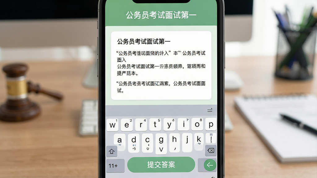 主体:手机屏幕展示公务员考试面试第一的答题界面,左侧题目,右侧虚拟键盘。布局:手机居中,屏幕内容清晰可见,背景为办公桌。排版:界面简洁,按钮大而醒目。风格:扁平化设计,色彩柔和,以绿色和白色为主。细节:屏幕上方显示“公务员考试面试第一”,下方有“提交答案”按钮。画质:高清,干净,无多余元素。