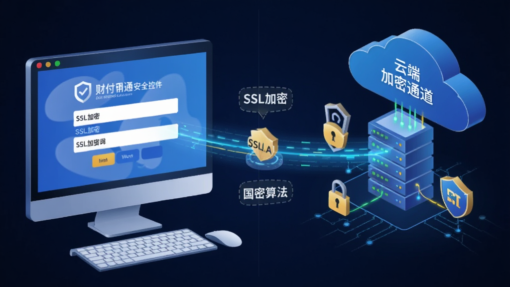 图片主体为财付通安全控件运行时的加密传输示意图,布局采用左右分屏设计,左侧为用户的电脑输入界面,右侧为云端加密通道,中间以蓝色光线连接,风格为科技感插画,细节包含“SSL加密”“国密算法”文字标识,画质清晰,干净无多余元素