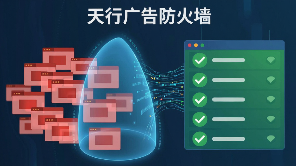 图片主体为天行广告防火墙的拦截引擎工作示意图,左侧是密密麻麻的红色弹窗被一个半透明蓝色光罩隔绝在外,右侧是干净的绿色对勾列表,上方有“天行广告防火墙”字样,布局采用左右对比式排版,风格为科技感插画,细节上光罩边缘有流动的数据线,画质清晰,干净,无多余元素