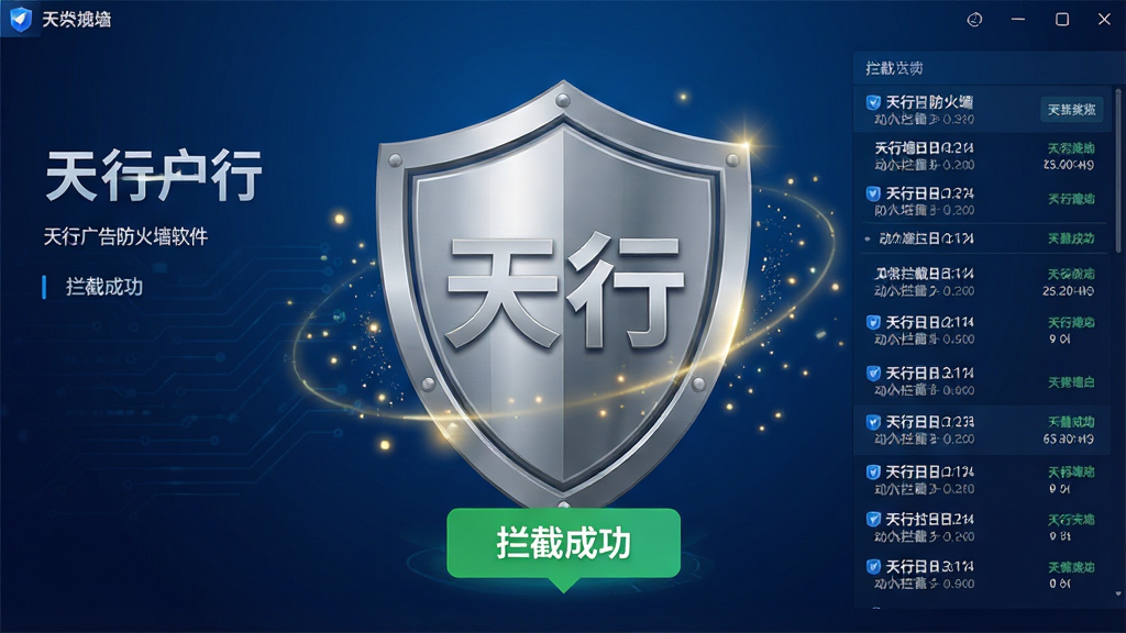 画面主体为天行广告防火墙软件主界面,居中显示一个巨大的盾牌图标,盾牌上带有“天行”二字,盾牌周围有细小的光芒粒子,界面下方悬浮着“拦截成功”的绿色提示气泡,背景为深蓝色科技感渐变,整体布局简洁大气,排版上文字信息集中在左侧,右侧为动态拦截日志列表,风格偏向现代扁平化设计,细节上突出盾牌的金属质感与光效,画质高清,干净,无多余元素