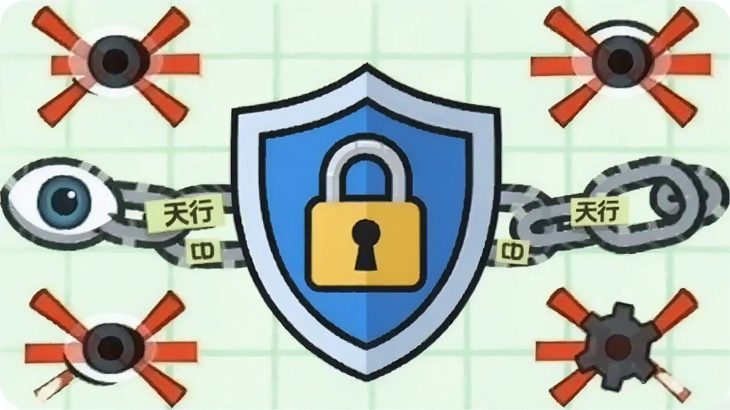 图片主体为天行广告防火墙的隐私防护功能界面,中央是一个由锁链和盾牌组成的图标,周围环绕着被拦截的追踪器图标(如小眼睛、小齿轮),背景为淡绿色网格,布局采用对称式构图,风格为简洁的扁平化插画,细节上锁链上带有“天行”字样的标签,画质干净,无多余元素