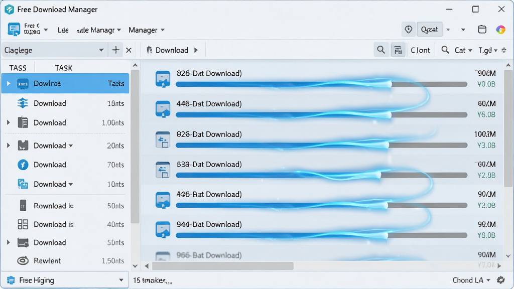 һ��չʾFree Download Manager������ĸ����ͼ�����沼�����������Ϊ������������б����Ҳ�Ϊ���ڸ������ص�������У�����������������Ч���������ִ���࣬��ɫ����ɫ��������ϸ��ɾ����޶���Ԫ��