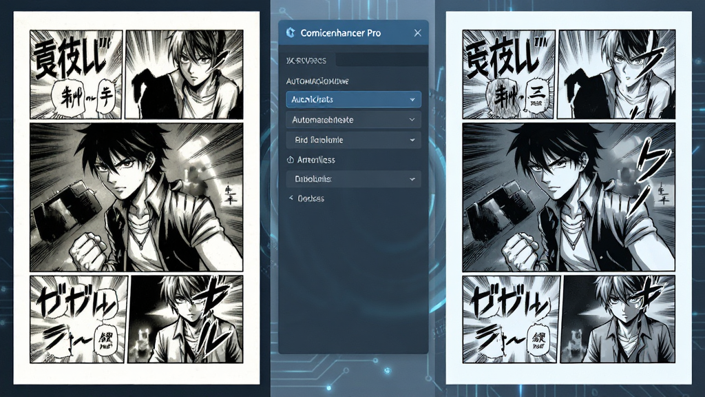 ���壺Comicenhancer Pro���������봦��ǰ��������Ա�ͼ�����֣����Ϊԭʼɨ������ͼƬ���Ҳ�Ϊ�޸��������ͼƬ���м�Ϊ����������壻�Ű棺���ҶԳƣ������࣬ͻ���Ա�Ч������񣺿Ƽ��С�רҵ���߷��ɫ��������ɫΪ����ϸ�ڣ�����ҳ�������������������������������ʾ�Զ�������ѡ����ʣ����壬�������ɾ����޶���Ԫ��