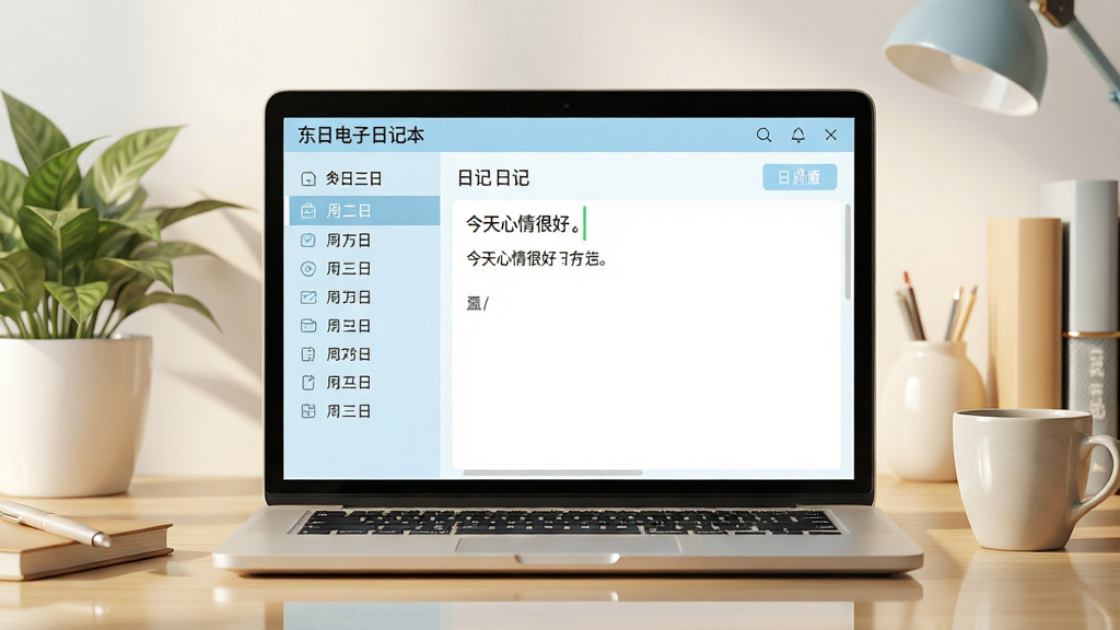 主体:笔记本电脑屏幕显示东日电子日记本软件界面,界面风格简洁清新,左侧为日期导航栏,右侧为日记编辑区域,背景是温馨的书桌场景。布局:电脑屏幕居中,周围有绿植、咖啡杯等元素,画面平衡。排版:屏幕内容清晰可辨,日记编辑区有“今天心情很好”等字样,字体清晰。风格:扁平化设计,色彩柔和,以浅蓝和白色为主色调,光感明亮。细节:界面图标精致,光线自然,倒影效果真实。画质:高清,干净,无多余元素。