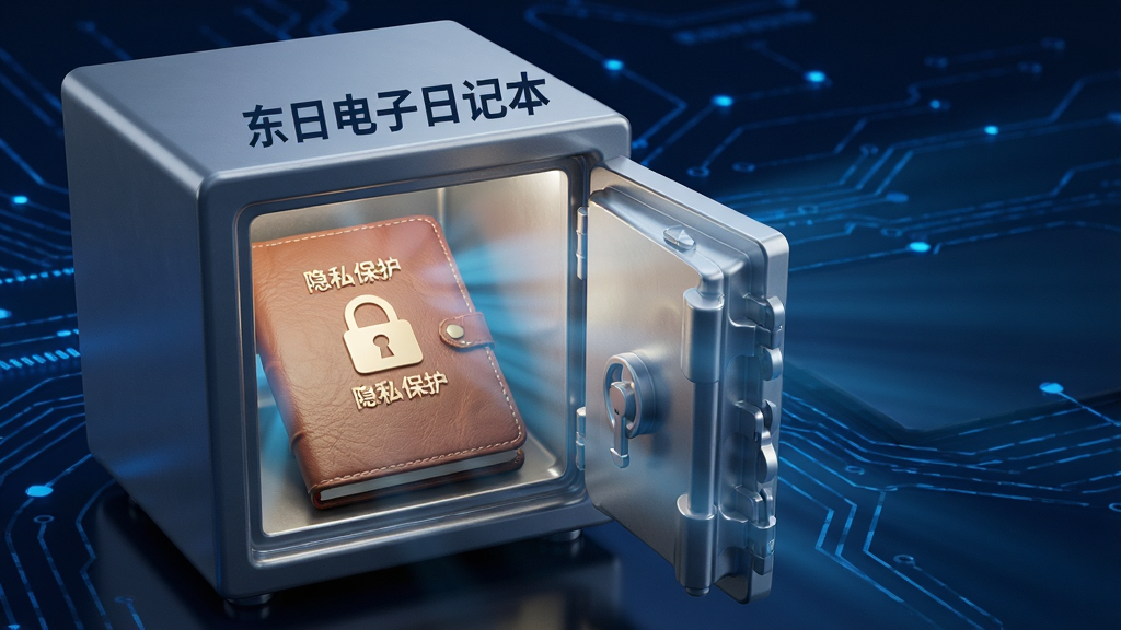 主体:一个打开的保险箱,里面放着带有锁形图标的日记本,背景为深蓝色科技感光线,保险箱上写着“东日电子日记本”字样。布局:保险箱居中偏左,右侧留出空间,光线从保险箱内散发出来。排版:保险箱上的文字清晰,日记本上也有“隐私保护”字样。风格:3D渲染风格,色彩对比强烈,突出安全氛围。细节:保险箱金属质感,日记本封面皮质纹理,光线柔和。画质:高清,干净,无多余元素。