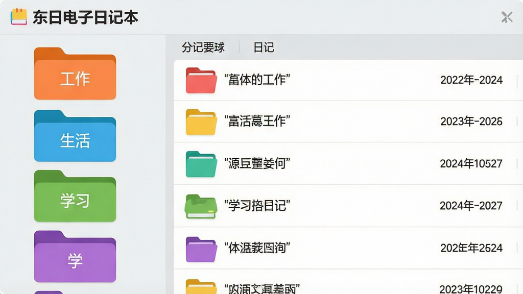 主体:东日电子日记本软件的分类管理界面,左侧显示多个彩色文件夹标签,右侧显示日记列表,背景为浅灰色。布局:界面居中,左侧分类栏清晰,右侧列表整齐。排版:每个文件夹上写着“工作”、“生活”、“学习”等分类名称,列表中有日记标题和日期。风格:扁平化设计,色彩鲜艳明快,简洁大方。细节:文件夹图标有不同颜色,列表文字清晰。画质:高清,干净,无多余元素。