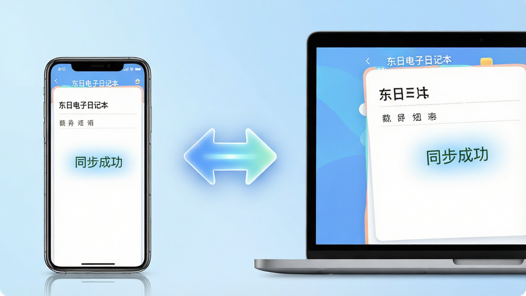主体:一部智能手机和一台笔记本电脑并排摆放,屏幕上都显示东日电子日记本的界面,中间有一个双向箭头表示数据同步,背景为浅蓝色渐变。布局:手机在左,电脑在右,箭头在中间,整体平衡。排版:两个设备屏幕中显示的日记内容一致,有“同步成功”字样。风格:现代科技感,色彩清新明快。细节:设备边框圆润,屏幕反光效果自然,箭头带有光效。画质:高清,干净,无多余元素。