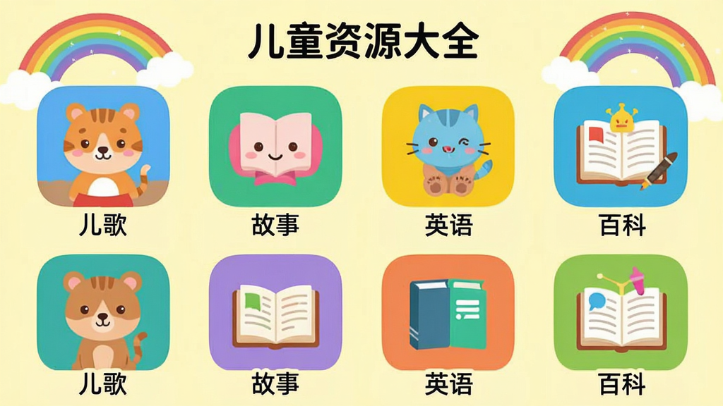 ���壺��ͯ��Դ��ȫAPP�ķ�����棬չʾ�����衱�������¡�����Ӣ������ٿơ���ͼ�ꡣ���֣���������״���У�ÿ��ͼ���·��м������˵�����Ű棺��������ͼ���Բ�Ǿ��Σ���ɫ���졣��񣺱�ƽ����ƣ�ɫ���������ʺ϶�ͯ������ϸ�ڣ�ÿ��ͼ�����пɰ���С�����ͨ���󣬱���Ϊ����ɫ���вʺ��׺�����ʣ������ɾ����޶���Ԫ�ء�